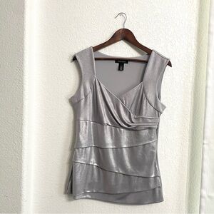WHBM Womens Shirt Silver Shimmer Tiered Layered Front Sleeveless Size Large